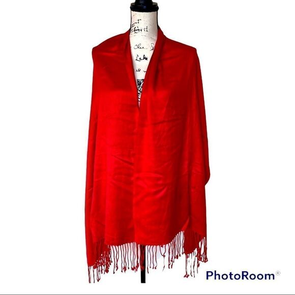 Red Shawl with Fringe on Ends - Picture 1 of 6